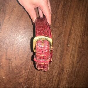 Red Crocodile Embossed Leather Belt with Gold Buckle